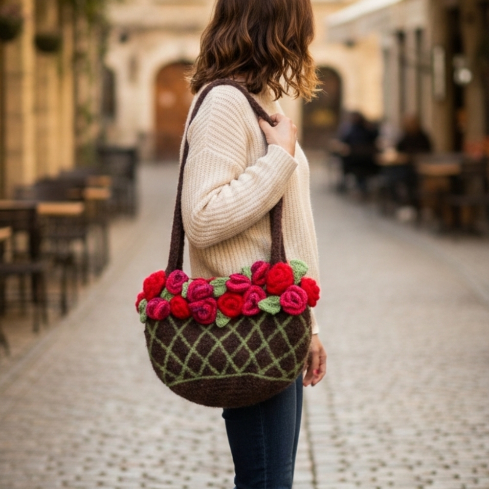 Darling Handmade knitted roses in a basket hobo bag